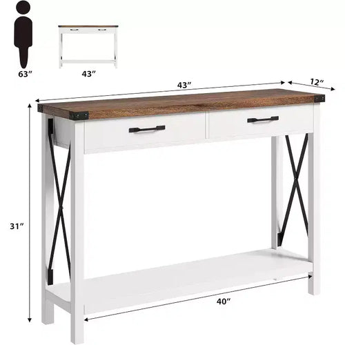 Tavolo Consolle da 109 cm con Cassetti e Ripiano Aperto, Tavolo d'Ingresso a 2 Livelli Stretto per Divano, per Ingresso, Soggiorno, Corridoio, Bianco