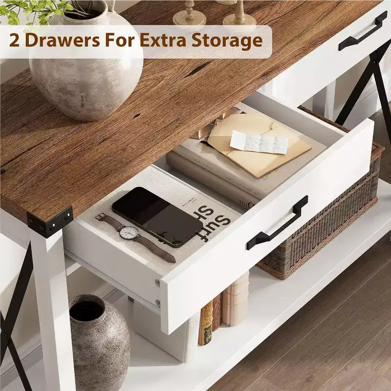 Tavolo Consolle da 109 cm con Cassetti e Ripiano Aperto, Tavolo d'Ingresso a 2 Livelli Stretto per Divano, per Ingresso, Soggiorno, Corridoio, Bianco
