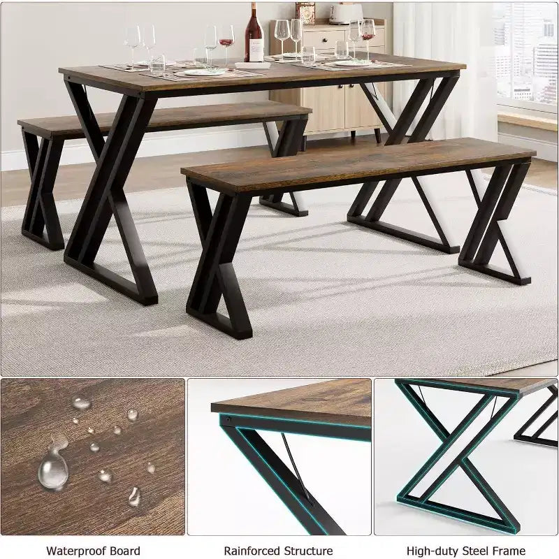 Set Tavolo da Pranzo con Panca per 4, Set Tavolo da Cucina con 2 Panche, Struttura in Metallo, Salvaspazio per Cucina, Sala da Pranzo, Appartamento