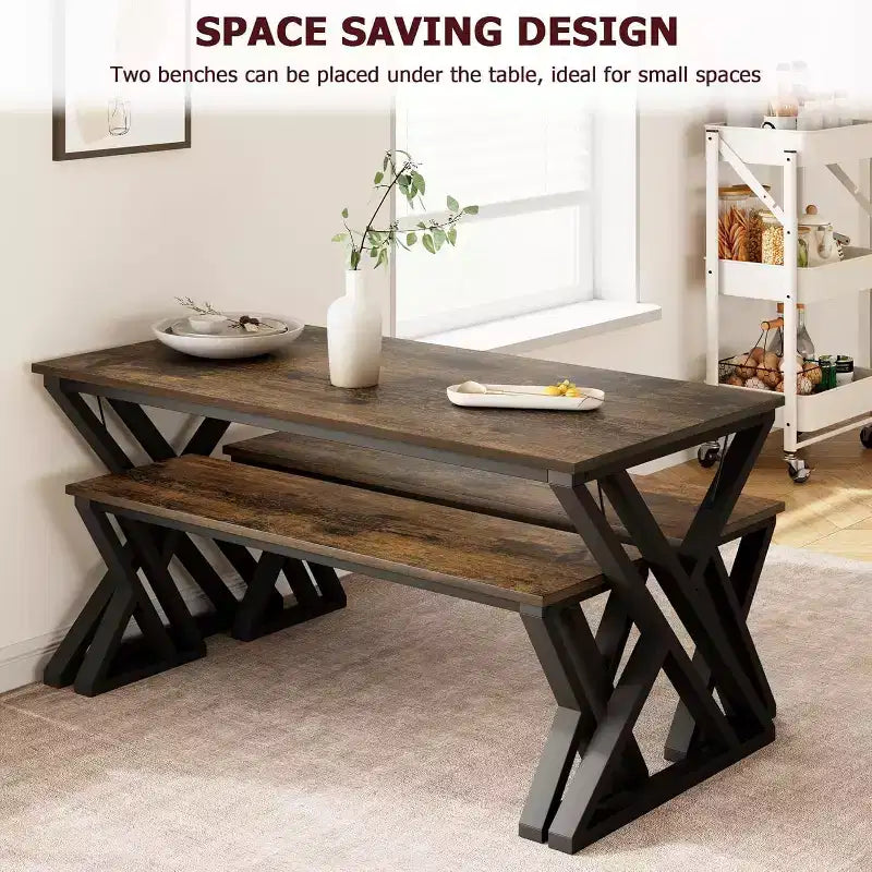 Set Tavolo da Pranzo con Panca per 4, Set Tavolo da Cucina con 2 Panche, Struttura in Metallo, Salvaspazio per Cucina, Sala da Pranzo, Appartamento