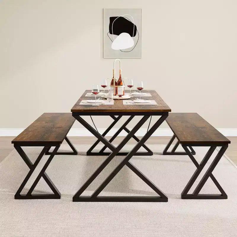 Set Tavolo da Pranzo con Panca per 4, Set Tavolo da Cucina con 2 Panche, Struttura in Metallo, Salvaspazio per Cucina, Sala da Pranzo, Appartamento