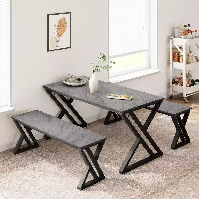 Set Tavolo da Pranzo con Panca per 4, Set Tavolo da Cucina con 2 Panche, Struttura in Metallo, Salvaspazio per Cucina, Sala da Pranzo, Appartamento