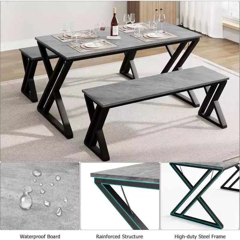 Set Tavolo da Pranzo con Panca per 4, Set Tavolo da Cucina con 2 Panche, Struttura in Metallo, Salvaspazio per Cucina, Sala da Pranzo, Appartamento