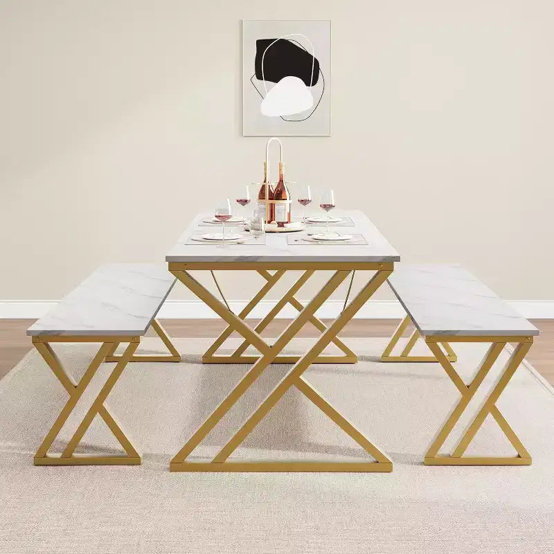 Set Tavolo da Pranzo con Panca per 4, Set Tavolo da Cucina con 2 Panche, Struttura in Metallo, Salvaspazio per Cucina, Sala da Pranzo, Appartamento