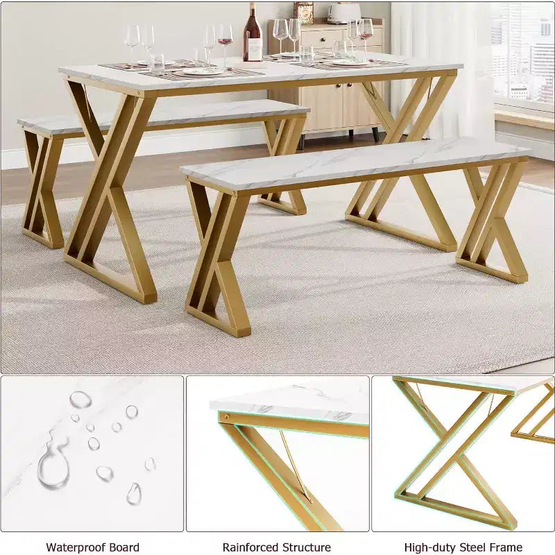 Set Tavolo da Pranzo con Panca per 4, Set Tavolo da Cucina con 2 Panche, Struttura in Metallo, Salvaspazio per Cucina, Sala da Pranzo, Appartamento
