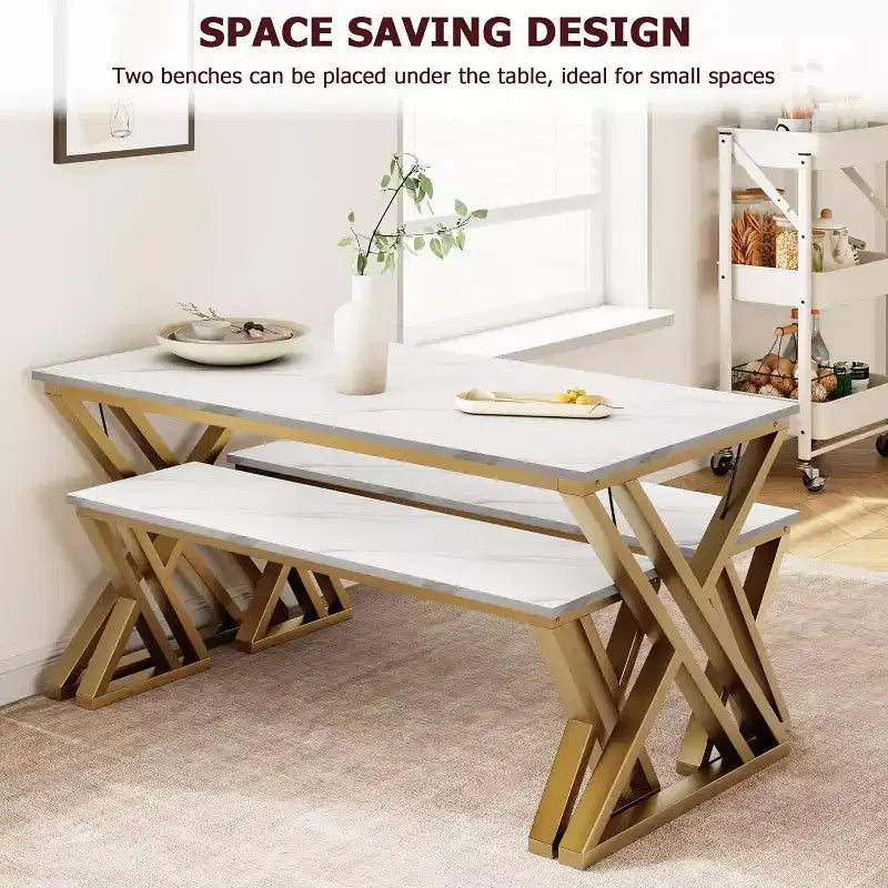 Set Tavolo da Pranzo con Panca per 4, Set Tavolo da Cucina con 2 Panche, Struttura in Metallo, Salvaspazio per Cucina, Sala da Pranzo, Appartamento