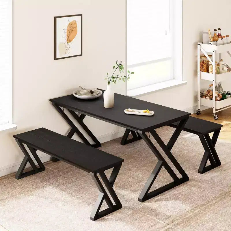Set Tavolo da Pranzo con Panca per 4, Set Tavolo da Cucina con 2 Panche, Struttura in Metallo, Salvaspazio per Cucina, Sala da Pranzo, Appartamento