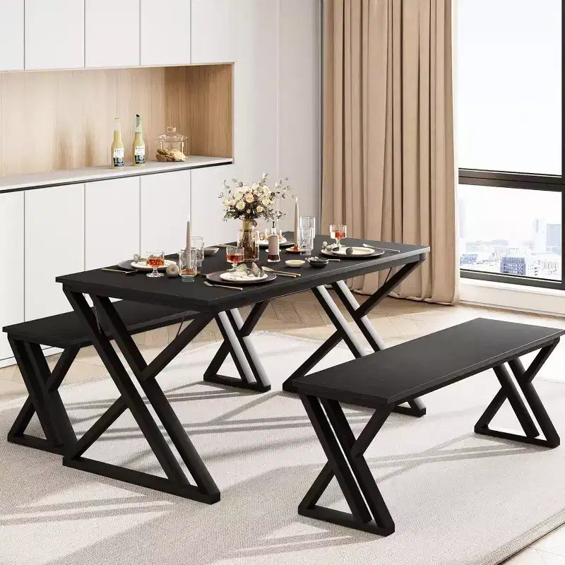Set Tavolo da Pranzo con Panca per 4, Set Tavolo da Cucina con 2 Panche, Struttura in Metallo, Salvaspazio per Cucina, Sala da Pranzo, Appartamento
