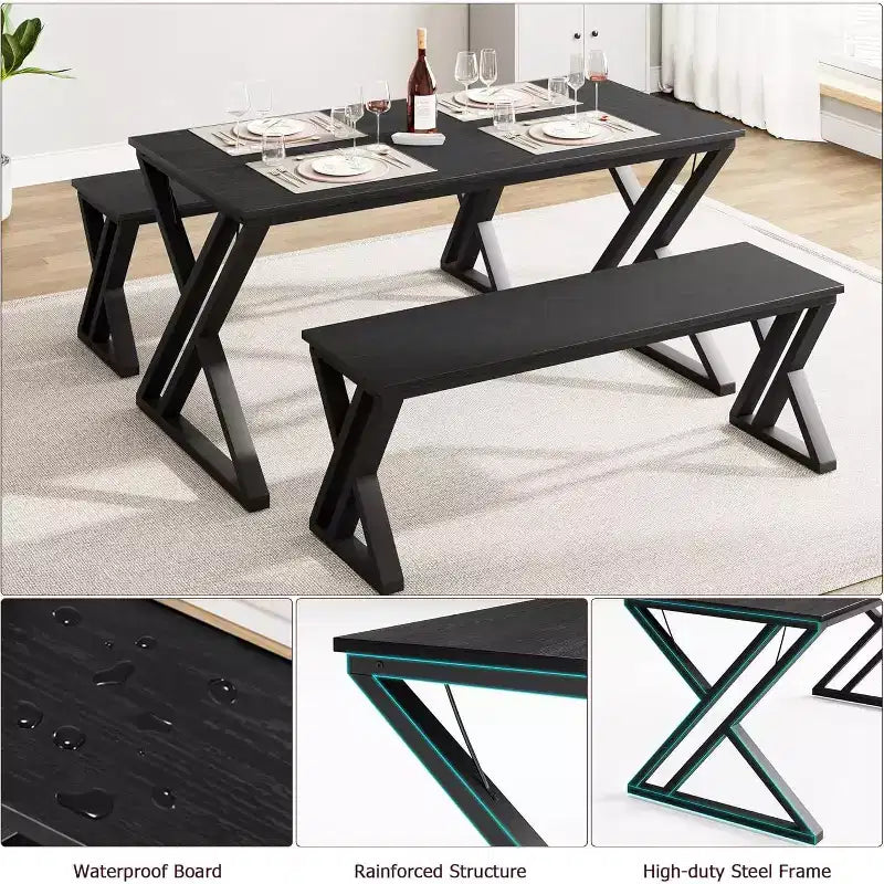 Set Tavolo da Pranzo con Panca per 4, Set Tavolo da Cucina con 2 Panche, Struttura in Metallo, Salvaspazio per Cucina, Sala da Pranzo, Appartamento