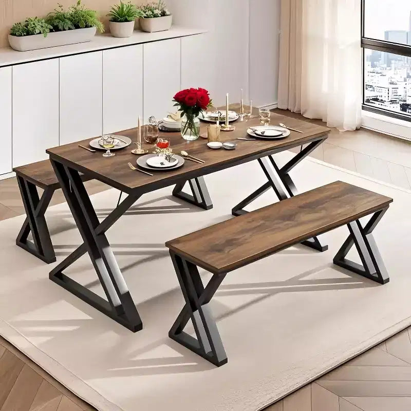 Set Tavolo da Pranzo con Panca per 4, Set Tavolo da Cucina con 2 Panche, Struttura in Metallo, Salvaspazio per Cucina, Sala da Pranzo, Appartamento
