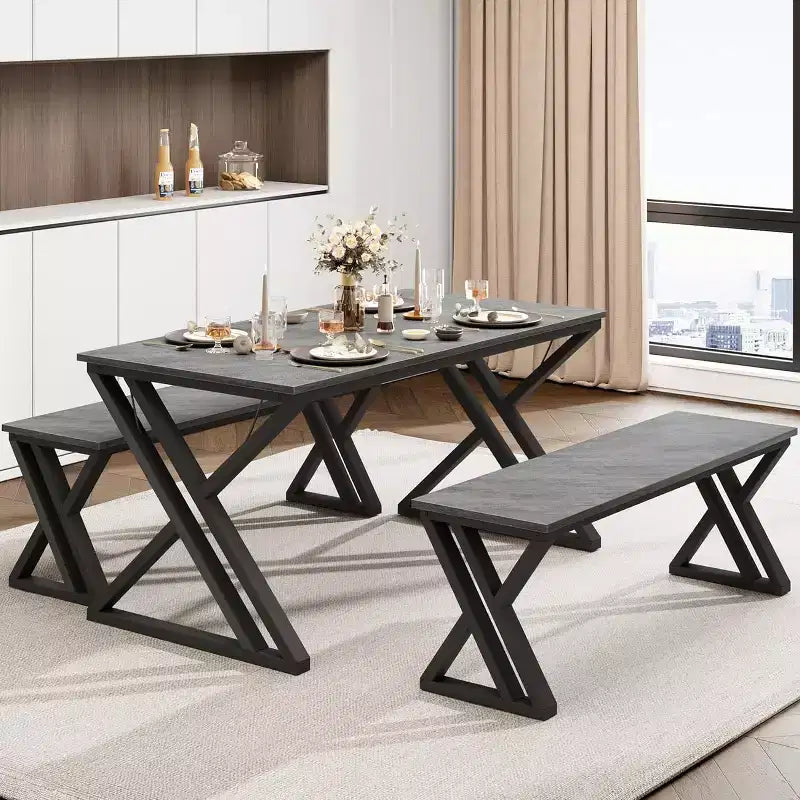 Set Tavolo da Pranzo con Panca per 4, Set Tavolo da Cucina con 2 Panche, Struttura in Metallo, Salvaspazio per Cucina, Sala da Pranzo, Appartamento