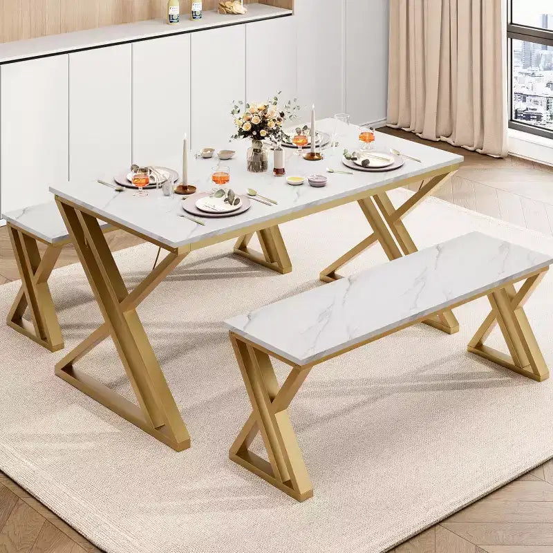 Set Tavolo da Pranzo con Panca per 4, Set Tavolo da Cucina con 2 Panche, Struttura in Metallo, Salvaspazio per Cucina, Sala da Pranzo, Appartamento