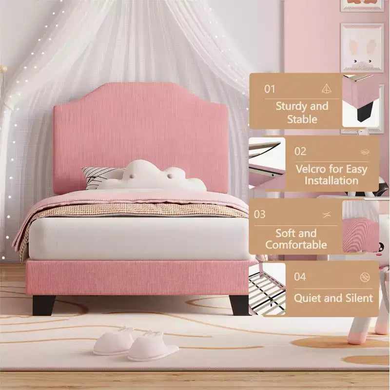 Struttura Letto Singolo in Velluto, con Morbido Rivestimento in Velluto a Coste, Robuste Doghe in Legno e Supporto Silenzioso, Nessuna Molla Richiesta, Rosa
