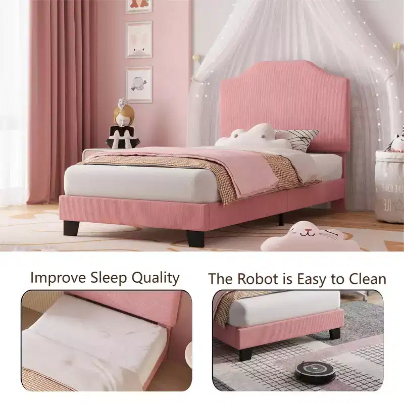 Struttura Letto Singolo in Velluto, con Morbido Rivestimento in Velluto a Coste, Robuste Doghe in Legno e Supporto Silenzioso, Nessuna Molla Richiesta, Rosa