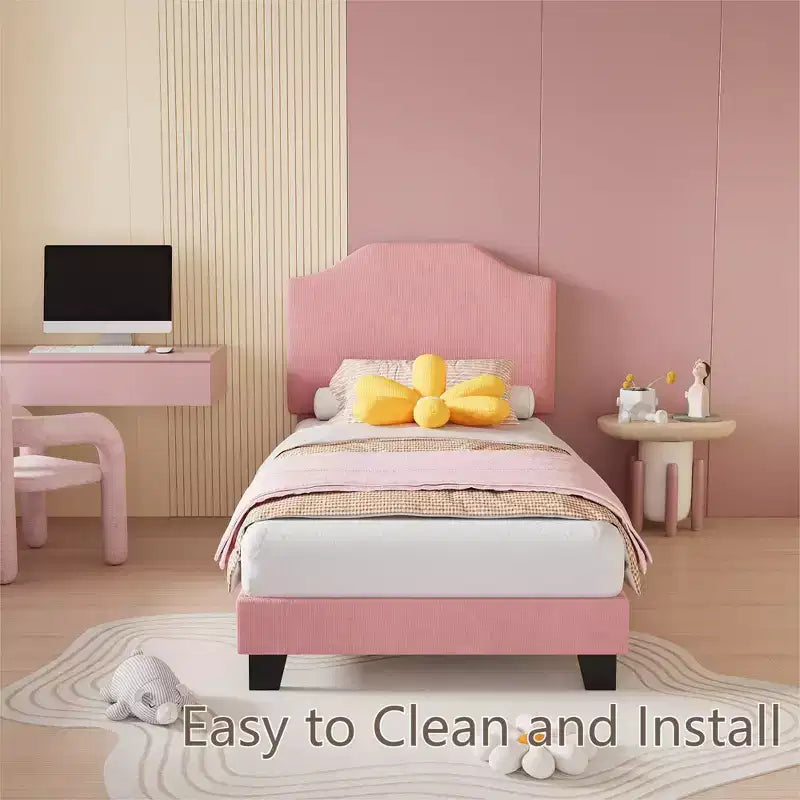 Struttura Letto Singolo in Velluto, con Morbido Rivestimento in Velluto a Coste, Robuste Doghe in Legno e Supporto Silenzioso, Nessuna Molla Richiesta, Rosa