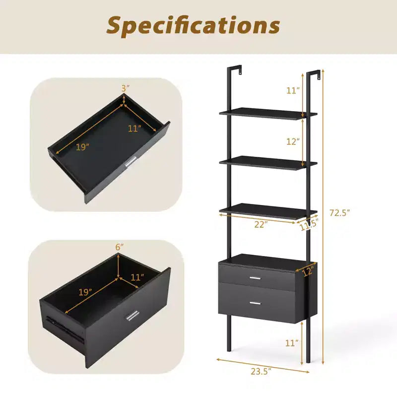 Costway Scaffale a Scala 2 Pezzi con Ripiani per Libreria Montato a Parete con 4 Ripiani Aperti Nero