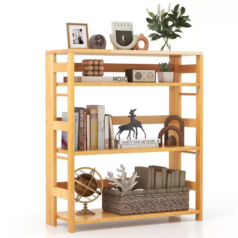 Costway 4-Tier Bookshelf Floor Storage Shelf w/ Rubber Wood Frame Anti-Toppling Kits