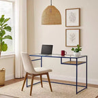 Scrivania rettangolare Royal Hampton con piano in vetro, scomparto aperto e base a slitta, blu