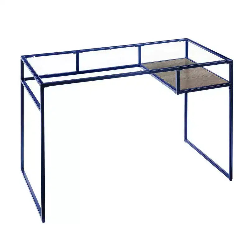 Scrivania rettangolare Royal Hampton con piano in vetro, scomparto aperto e base a slitta, blu