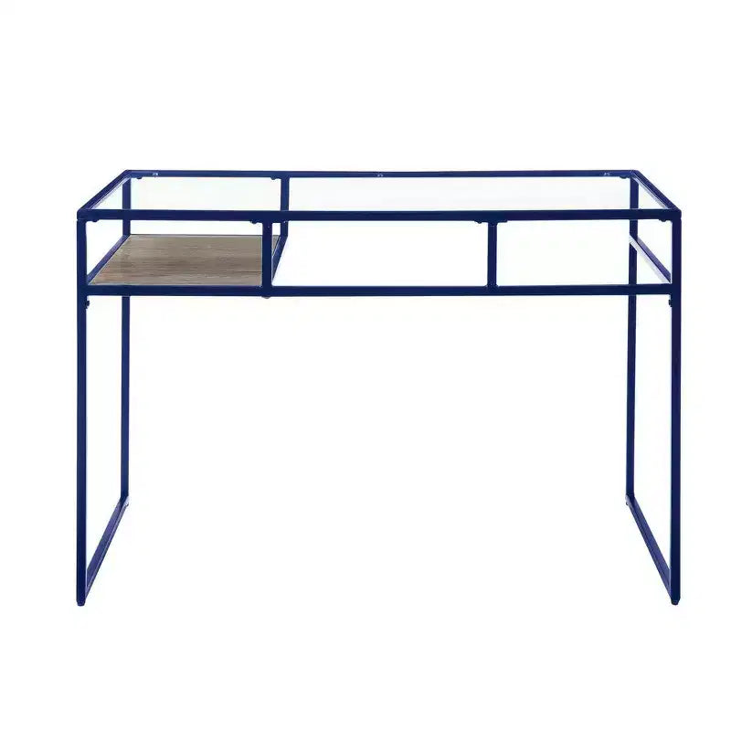 Scrivania rettangolare Royal Hampton con piano in vetro, scomparto aperto e base a slitta, blu