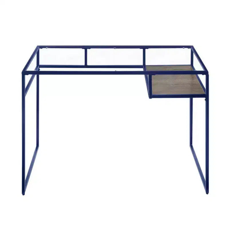 Scrivania rettangolare Royal Hampton con piano in vetro, scomparto aperto e base a slitta, blu