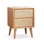 Comodino in puro rovere massiccio con 2 cassetti, mobiletto in legno con frontali in rattan, tavolino laterale minimalista - Panipeachy