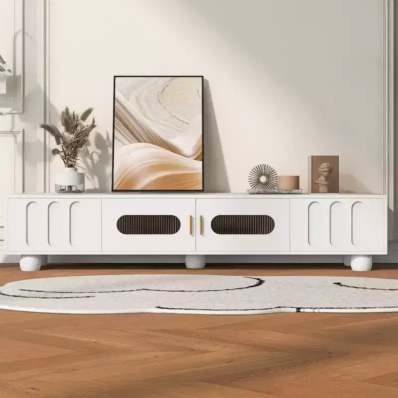 Modern TV Stand with Glass Door for 80 TV, Media Console Table with Storage, TV Storage Cabinet with Solid Wood Legs for Living room, White