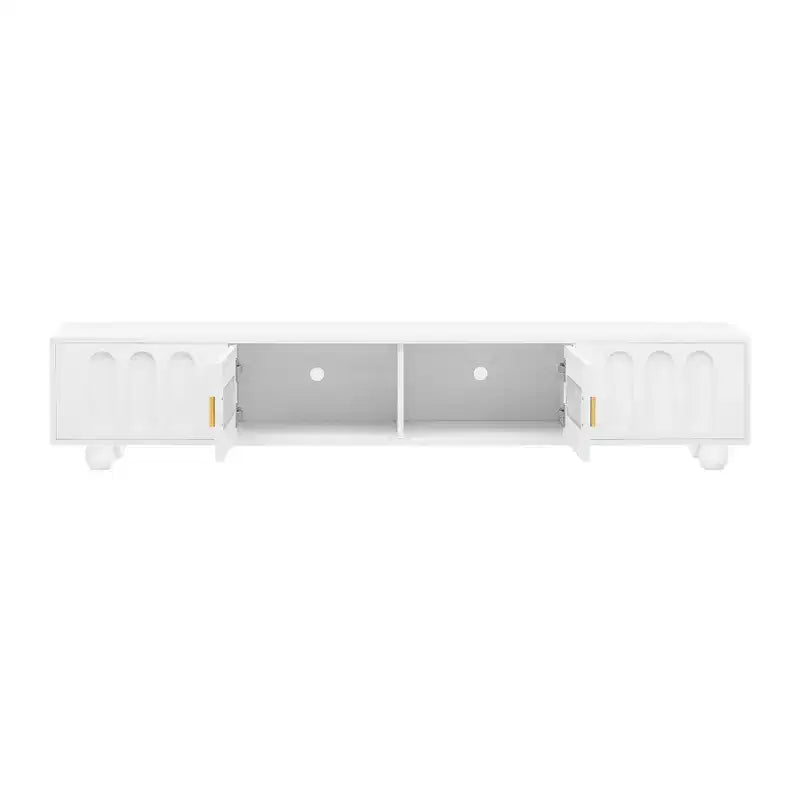 Mobile TV moderno con anta in vetro per TV da 80", consolle multimediale con vani portaoggetti, mobile TV con gambe in legno massello per soggiorno, bianco