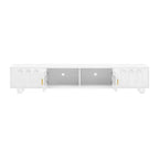 Mobile TV moderno con anta in vetro per TV da 80", consolle multimediale con vani portaoggetti, mobile TV con gambe in legno massello per soggiorno, bianco