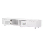 Mobile TV moderno con anta in vetro per TV da 80", consolle multimediale con vani portaoggetti, mobile TV con gambe in legno massello per soggiorno, bianco