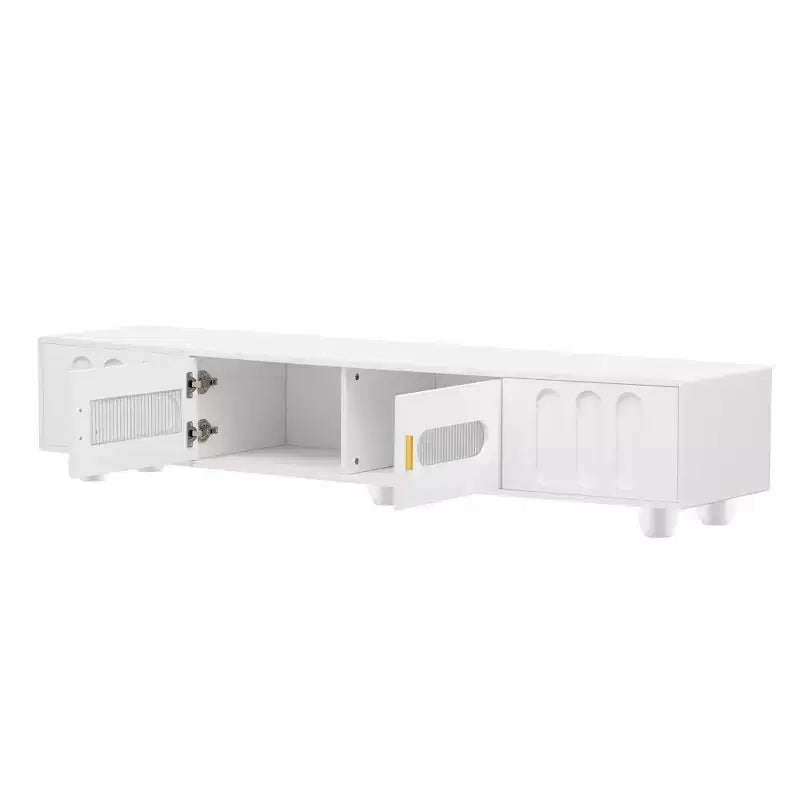 Mobile TV moderno con anta in vetro per TV da 80", consolle multimediale con vani portaoggetti, mobile TV con gambe in legno massello per soggiorno, bianco