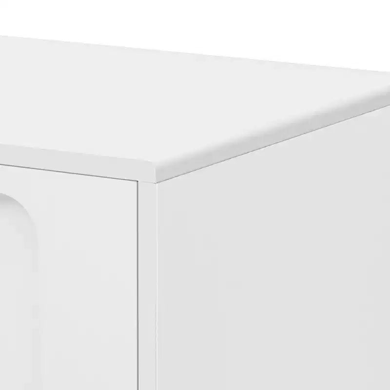 Mobile TV moderno con anta in vetro per TV da 80", consolle multimediale con vani portaoggetti, mobile TV con gambe in legno massello per soggiorno, bianco