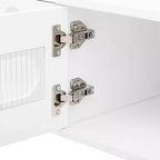 Mobile TV moderno con anta in vetro per TV da 80", consolle multimediale con vani portaoggetti, mobile TV con gambe in legno massello per soggiorno, bianco