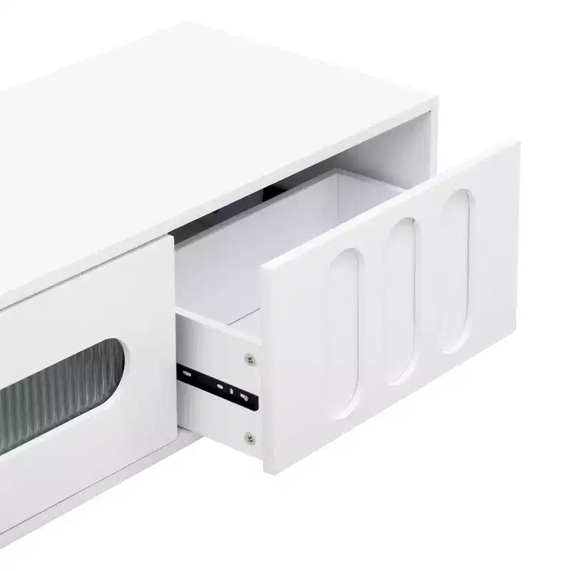 Mobile TV moderno con anta in vetro per TV da 80", consolle multimediale con vani portaoggetti, mobile TV con gambe in legno massello per soggiorno, bianco