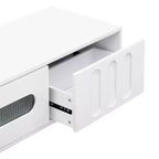Mobile TV moderno con anta in vetro per TV da 80", consolle multimediale con vani portaoggetti, mobile TV con gambe in legno massello per soggiorno, bianco