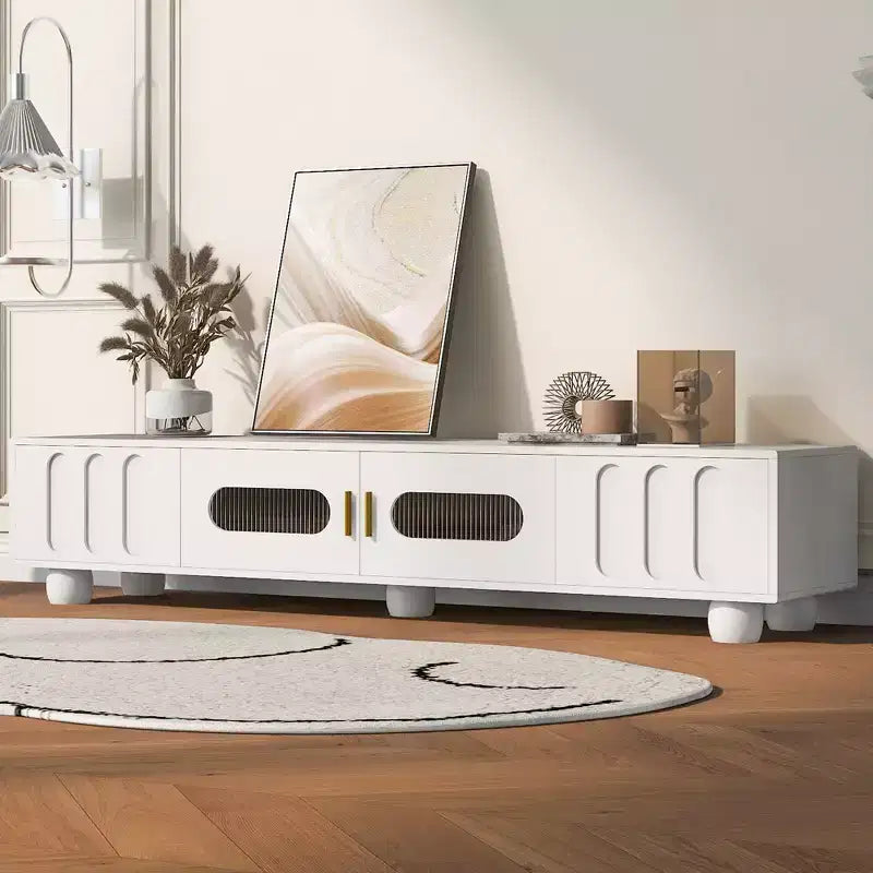 Mobile TV moderno con anta in vetro per TV da 80", consolle multimediale con vani portaoggetti, mobile TV con gambe in legno massello per soggiorno, bianco