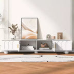 Mobile TV moderno con anta in vetro per TV da 80", consolle multimediale con vani portaoggetti, mobile TV con gambe in legno massello per soggiorno, bianco