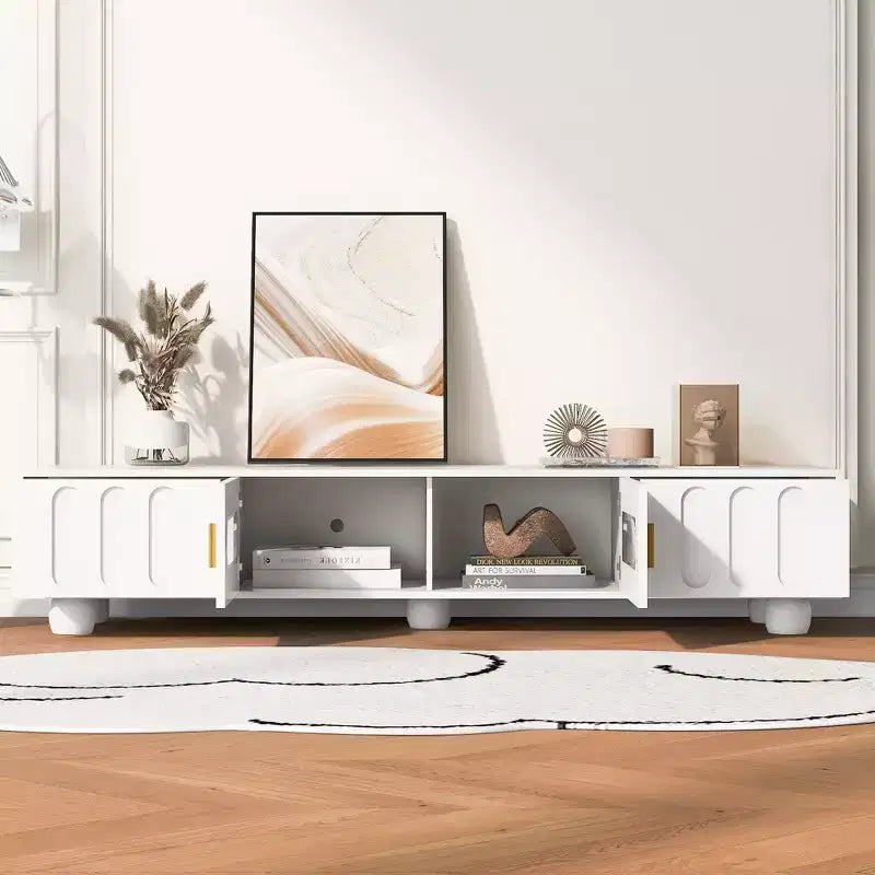 Mobile TV moderno con anta in vetro per TV da 80", consolle multimediale con vani portaoggetti, mobile TV con gambe in legno massello per soggiorno, bianco