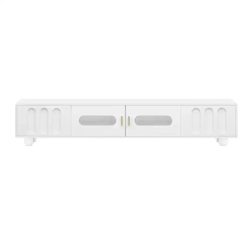 Mobile TV moderno con anta in vetro per TV da 80", consolle multimediale con vani portaoggetti, mobile TV con gambe in legno massello per soggiorno, bianco