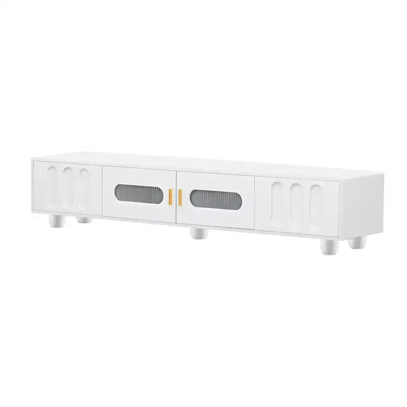 Mobile TV moderno con anta in vetro per TV da 80", consolle multimediale con vani portaoggetti, mobile TV con gambe in legno massello per soggiorno, bianco