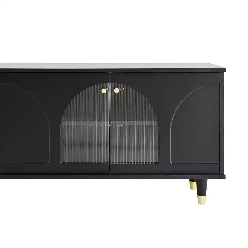 Mobile TV con ante in vetro per TV da 78", console multimediale in legno con ante ad arco, centro di intrattenimento con ripiani regolabili
