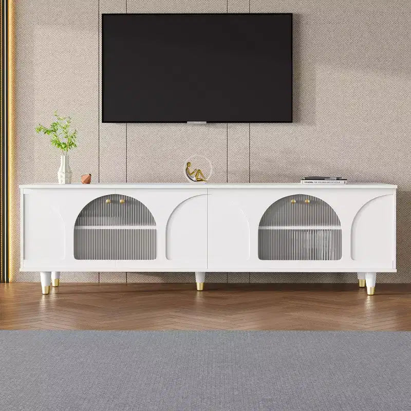 Mobile TV con ante in vetro per TV da 78", console multimediale in legno con ante ad arco, centro di intrattenimento con ripiani regolabili