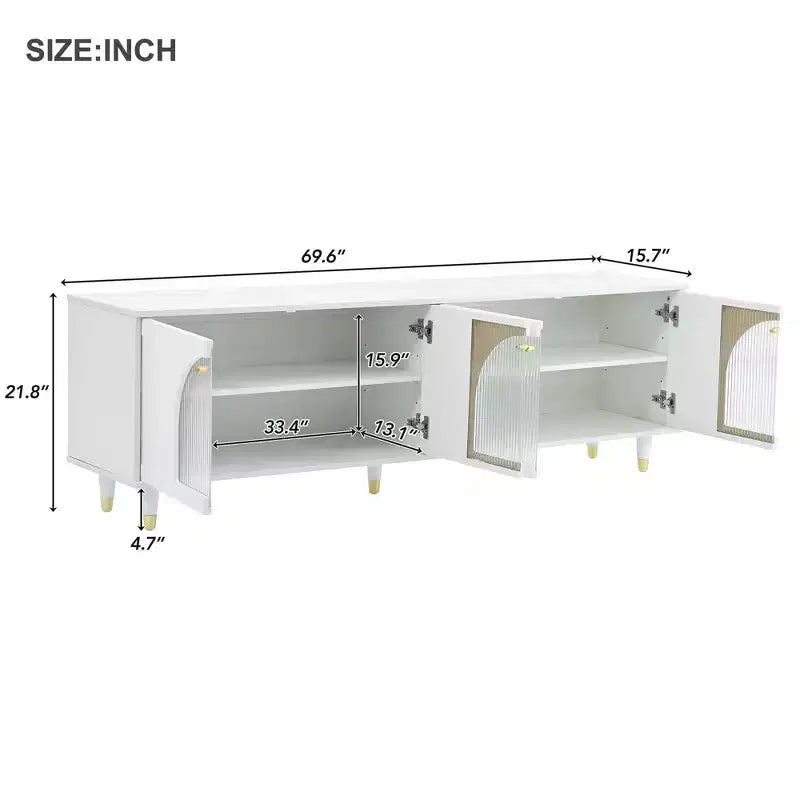 Mobile TV con ante in vetro per TV da 78", console multimediale in legno con ante ad arco, centro di intrattenimento con ripiani regolabili