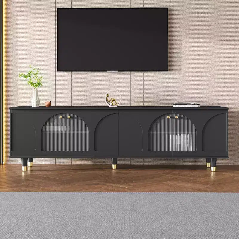 Mobile TV con ante in vetro per TV da 78", console multimediale in legno con ante ad arco, centro di intrattenimento con ripiani regolabili