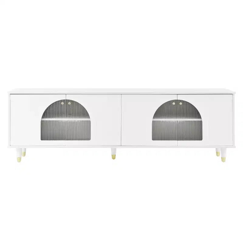 Mobile TV con ante in vetro per TV da 78", console multimediale in legno con ante ad arco, centro di intrattenimento con ripiani regolabili