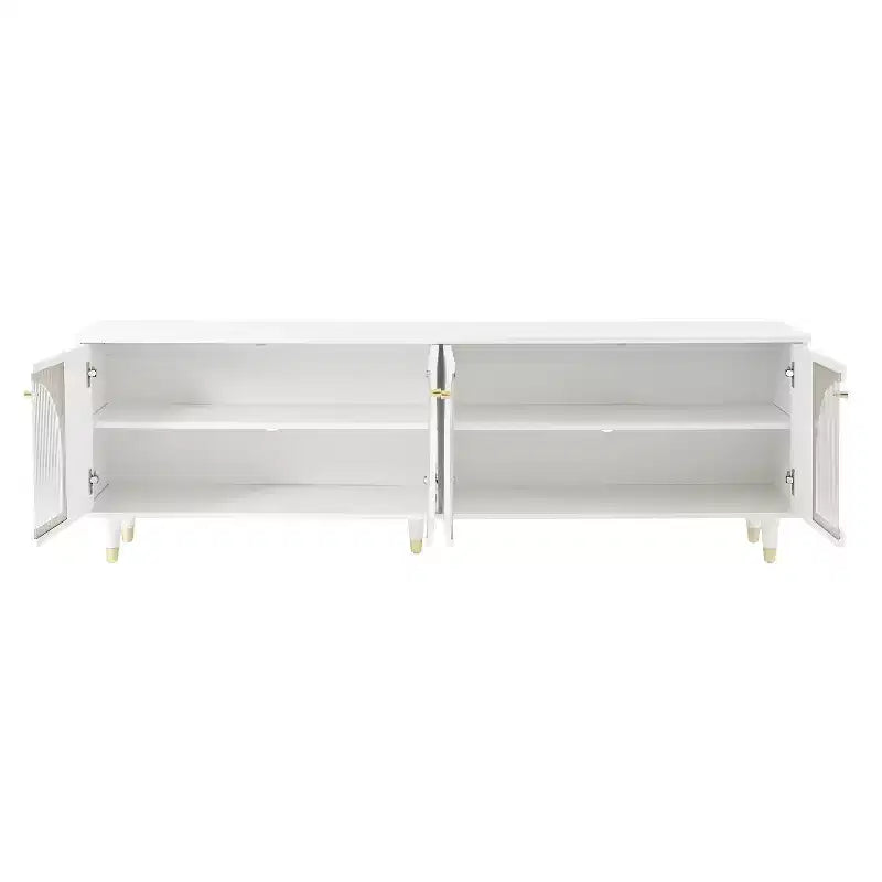 Mobile TV con ante in vetro per TV da 78", console multimediale in legno con ante ad arco, centro di intrattenimento con ripiani regolabili