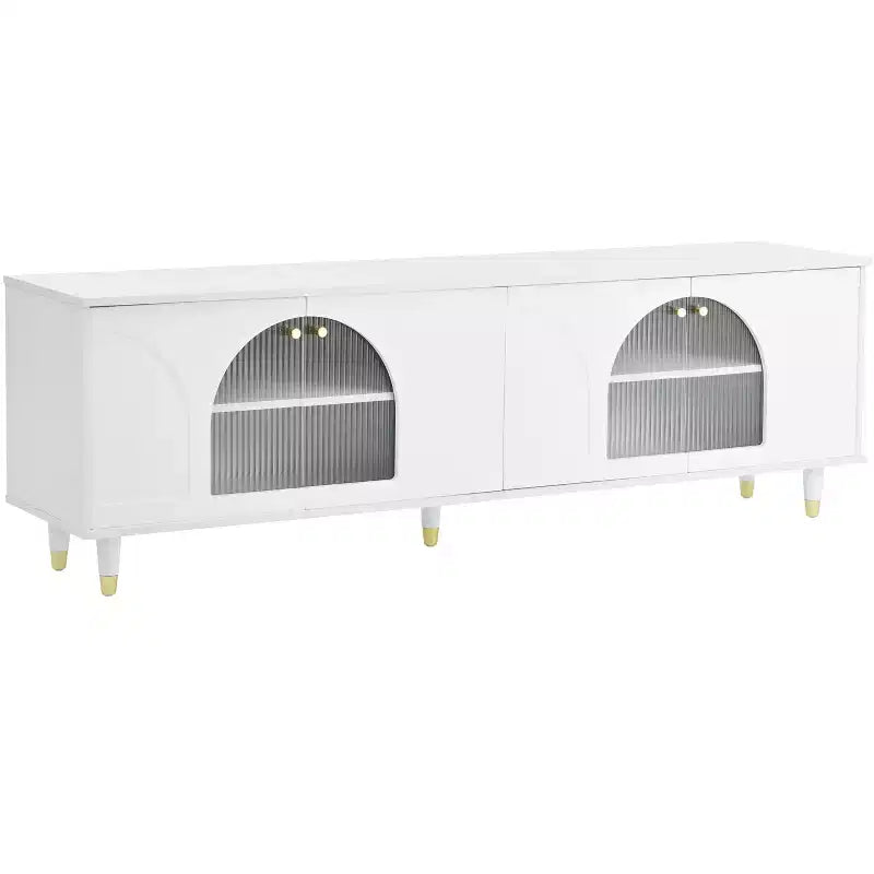 Mobile TV con ante in vetro per TV da 78", console multimediale in legno con ante ad arco, centro di intrattenimento con ripiani regolabili