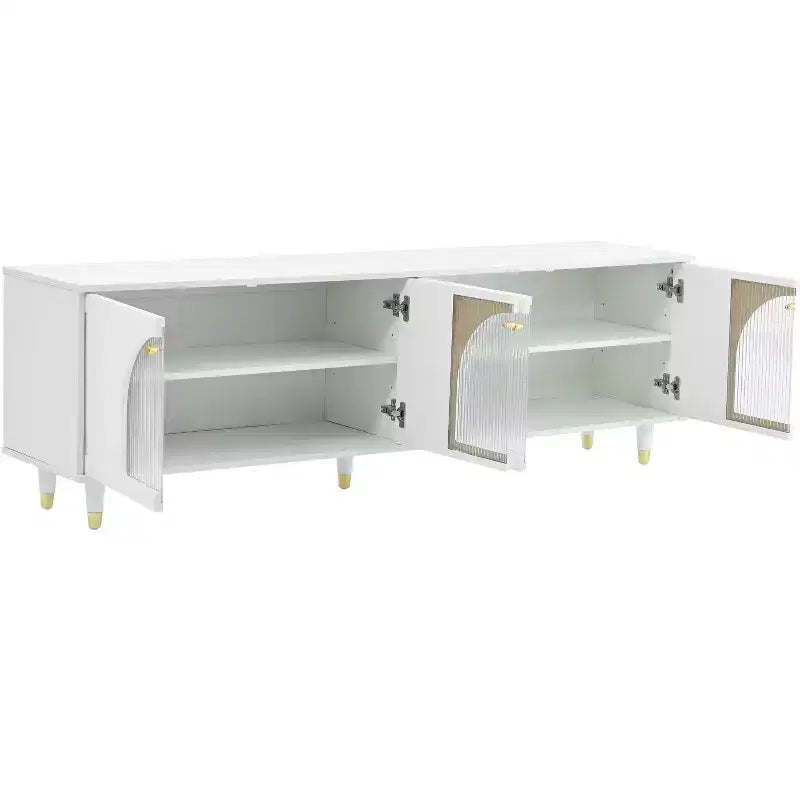 Mobile TV con ante in vetro per TV da 78", console multimediale in legno con ante ad arco, centro di intrattenimento con ripiani regolabili