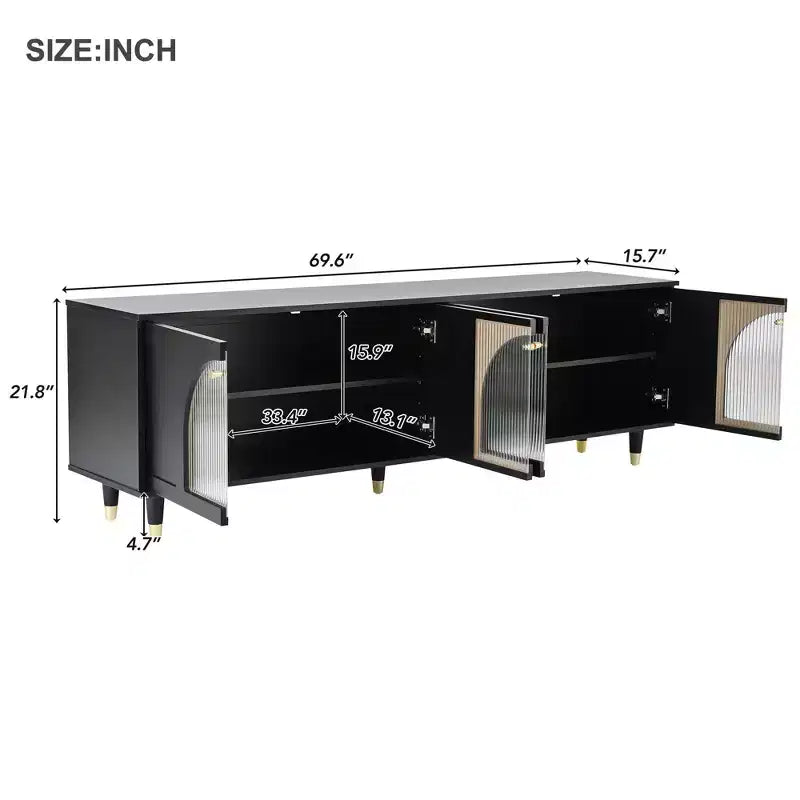 Mobile TV con ante in vetro per TV da 78", console multimediale in legno con ante ad arco, centro di intrattenimento con ripiani regolabili