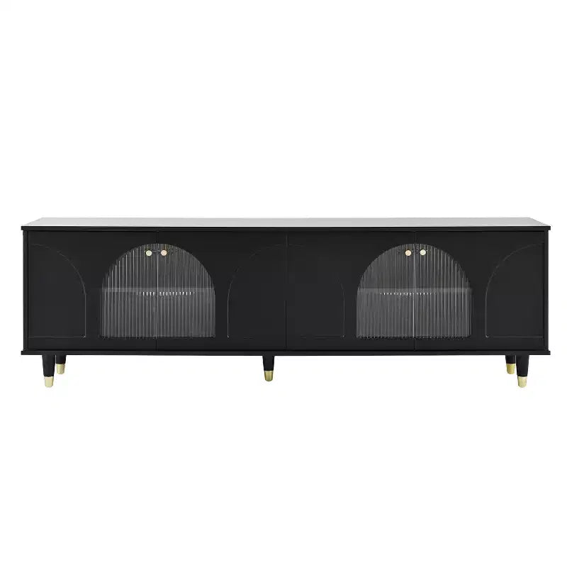 Mobile TV con ante in vetro per TV da 78", console multimediale in legno con ante ad arco, centro di intrattenimento con ripiani regolabili